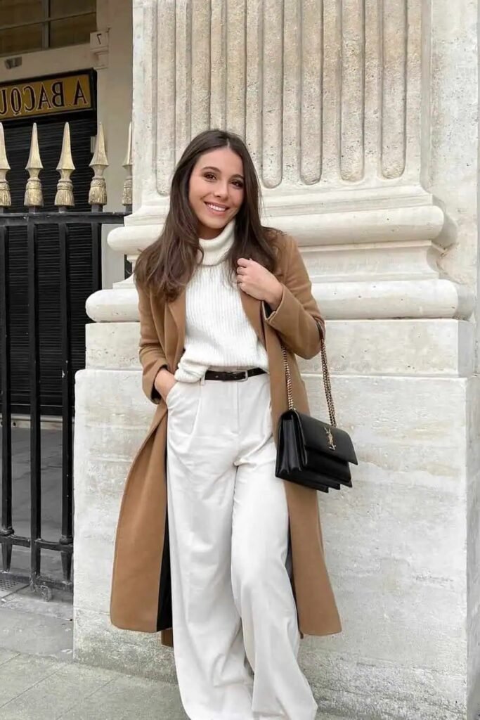 Camel Long Coat + White Turtleneck Sweater + White Wide Leg Trousers