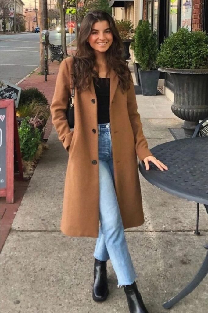 Camel Wool Coat + Black Bodysuit + Light Wash Jeans + Black Ankle Boots