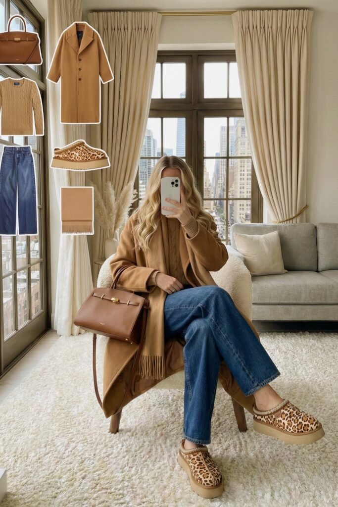 Camel Wool Coat + Camel Cable Knit Sweater + Mid Wash Blue Jeans + Leopard Print Shearling Mules