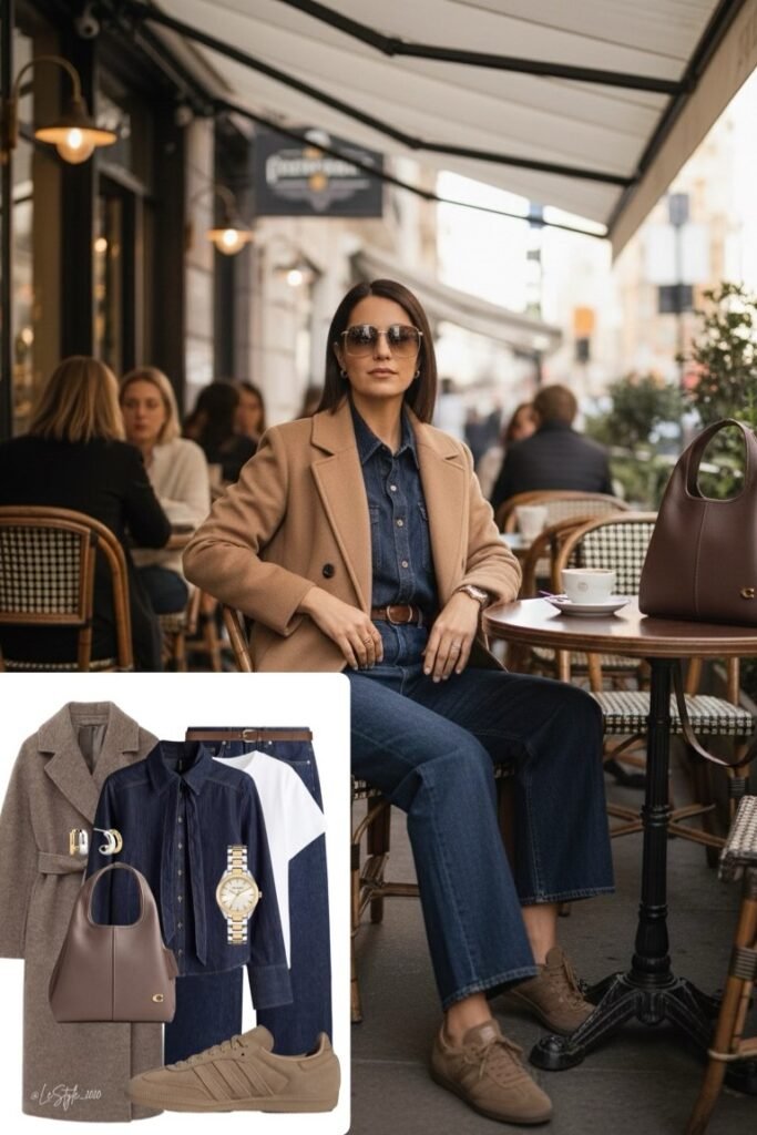 Camel Wool Coat + Denim Shirt & Wide-Leg Jeans + Brown Suede Sneakers