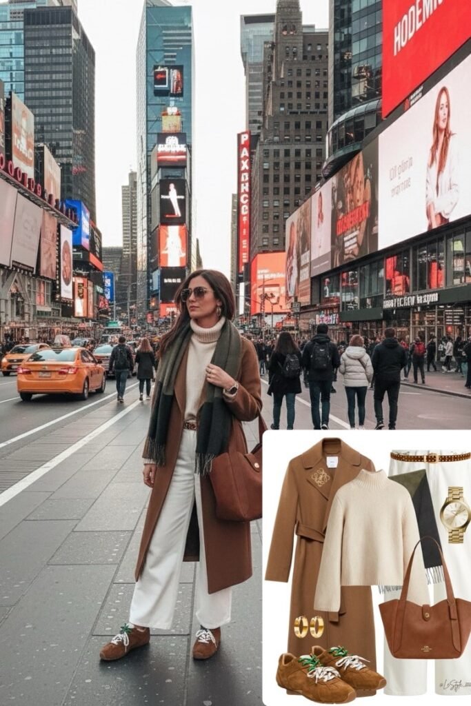 Camel Wool Coat + White Turtleneck Sweater + White Wide-Leg Trousers + Brown Sneakers