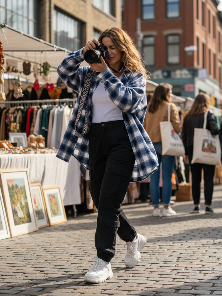 Cargo Pants + Fitted Top + Oversized Shirt