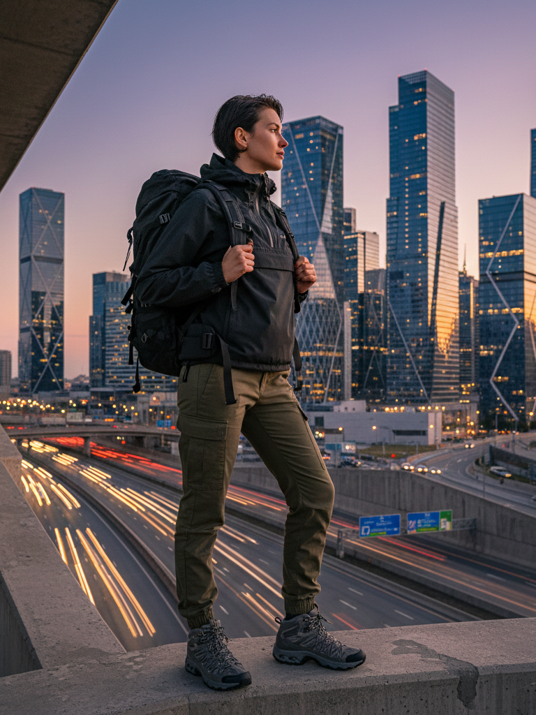 Cargo Pants + Technical Shell + Hiking Sneakers
