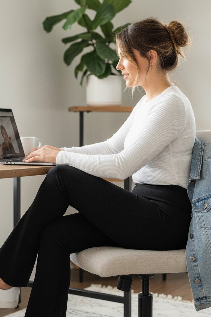 Casual White Long Sleeve Top + Black Flared Leggings + White Sneakers