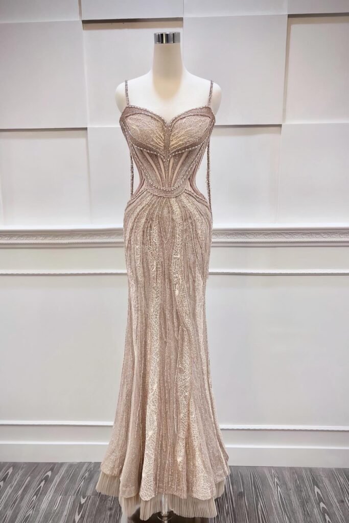 Champagne Beaded Mermaid Gown + Illusion Boned Corset + Pleated Tulle Hem