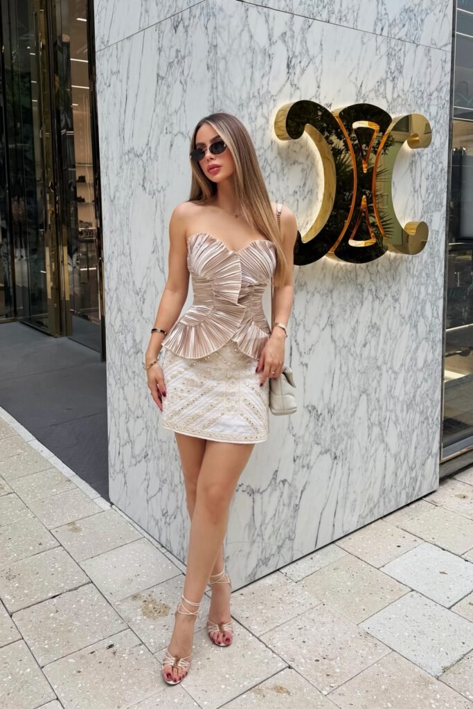 Champagne Pleated Corset Top + Embroidered White Mini Skirt + Nude Strappy Sandals