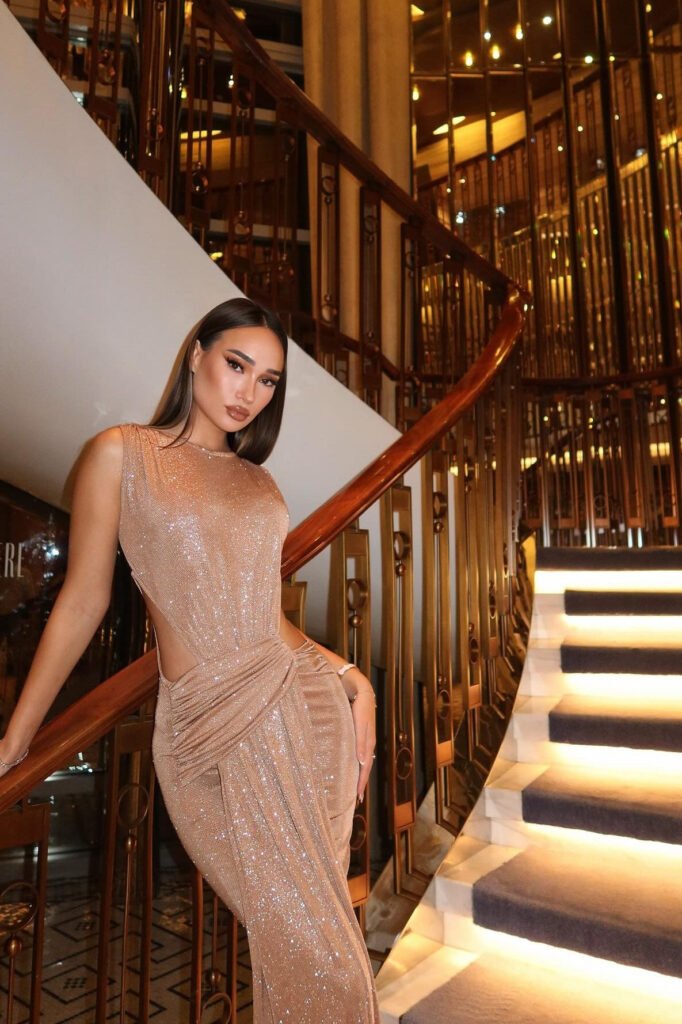 Champagne Sequin Side-Cutout Gown + Ruched Front Detail + Silver Bracelet