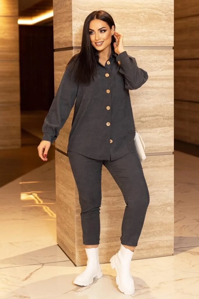 Charcoal Grey Button-Down Corduroy Shirt + Matching Slim Trousers + White Ankle Boots