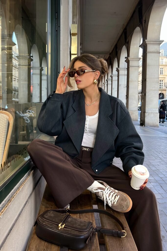 Charcoal Oversized Wool Blazer + Dark Brown Wide-Leg Trousers + Brown Suede Sneakers