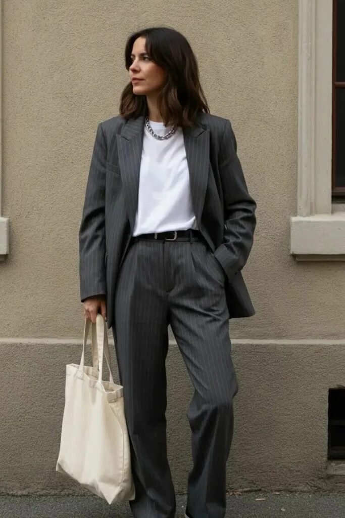 Charcoal Pinstripe Oversized Blazer + Matching Pinstripe Trousers + White T-Shirt + Cream Canvas Tote