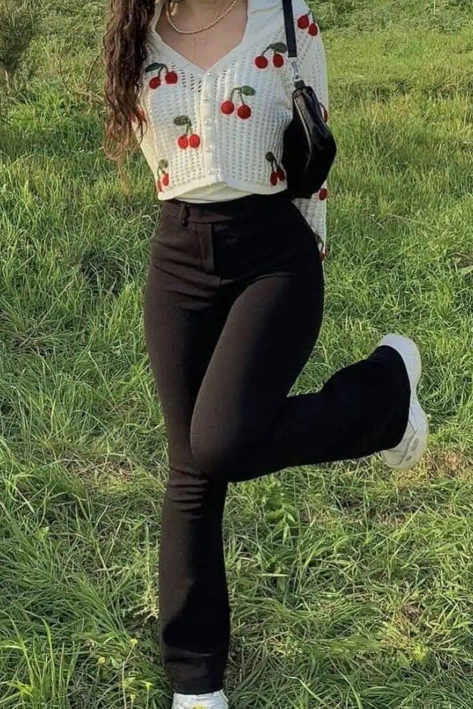 Cherry Print Cardigan + Black Flared Trousers + White Sneakers