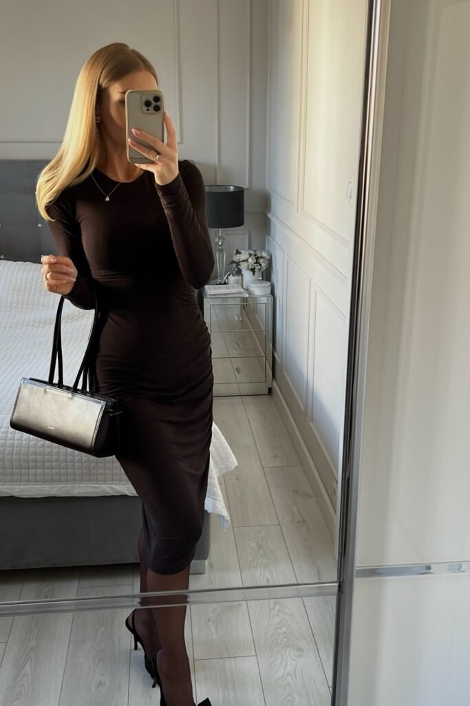 Chocolate Brown Long Sleeve Ruched Midi Dress + Black Rectangular Handbag + Sheer Black Tights + Black Slingback Heels