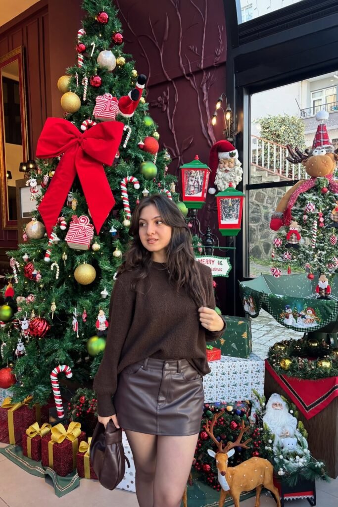 Chocolate Brown Sweater + Brown Leather Mini Skirt + Brown Leather Bag