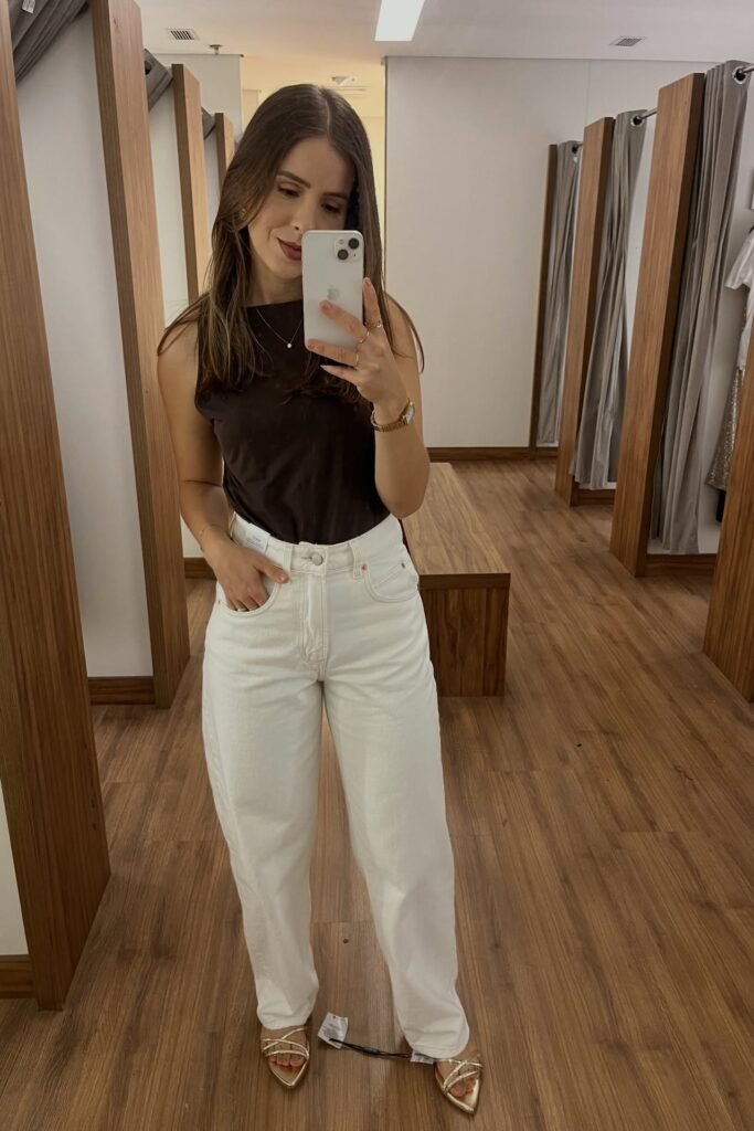 Chocolate Brown Tank Top + Off-White Wide-Leg Jeans + Gold Strappy Sandals