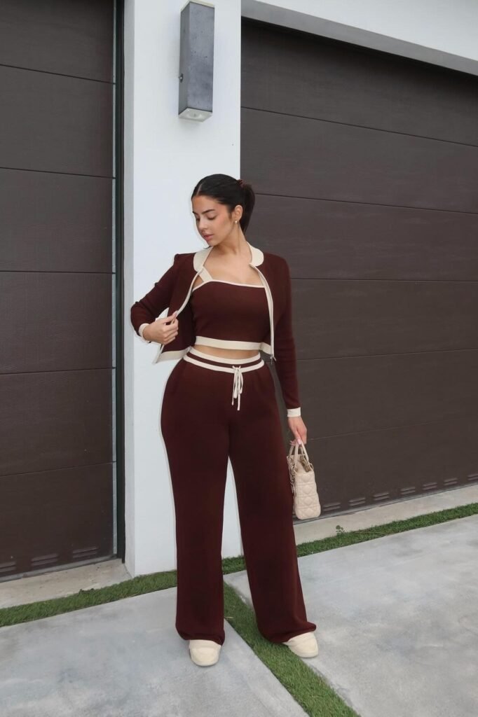 Chocolate Brown Three-Piece Lounge Set + White Trim Accents + Cream Sneakers