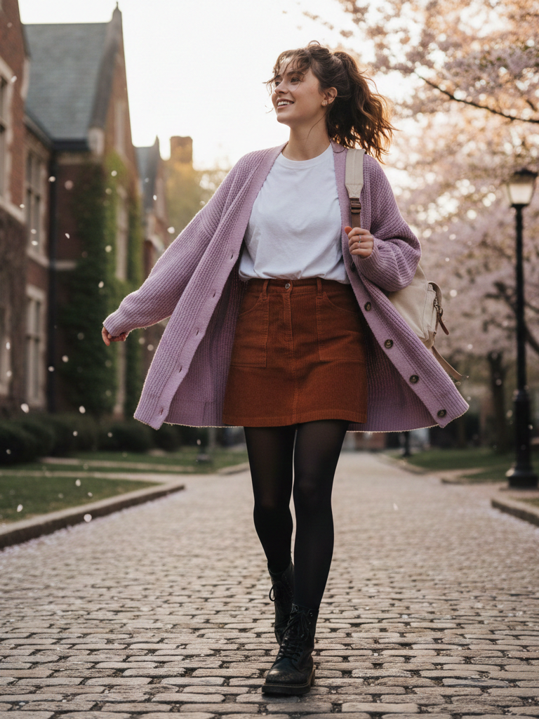 Chunky Cardigan + Corduroy Mini Skirt + Combat Boots