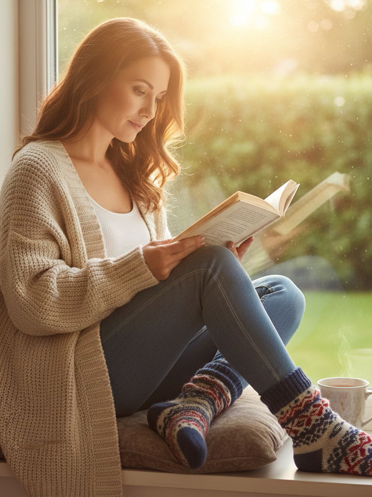 Chunky Cardigan + Tank Top + Jeans + Slipper Socks