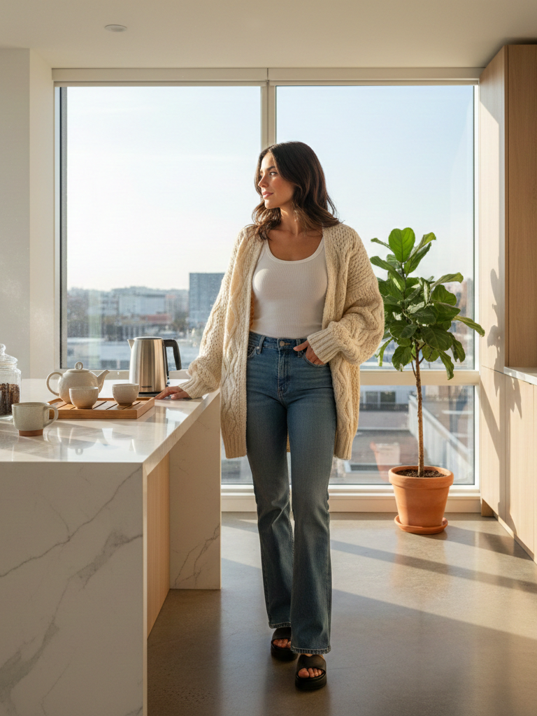 Chunky Cardigan + White Tank + Flared Jeans + Platform Sandals