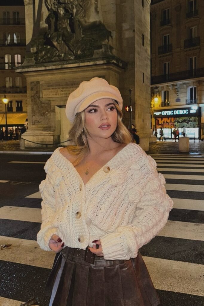 Chunky Cream Cable Knit Cardigan + Brown Pleated Mini Skirt + Beige Beret