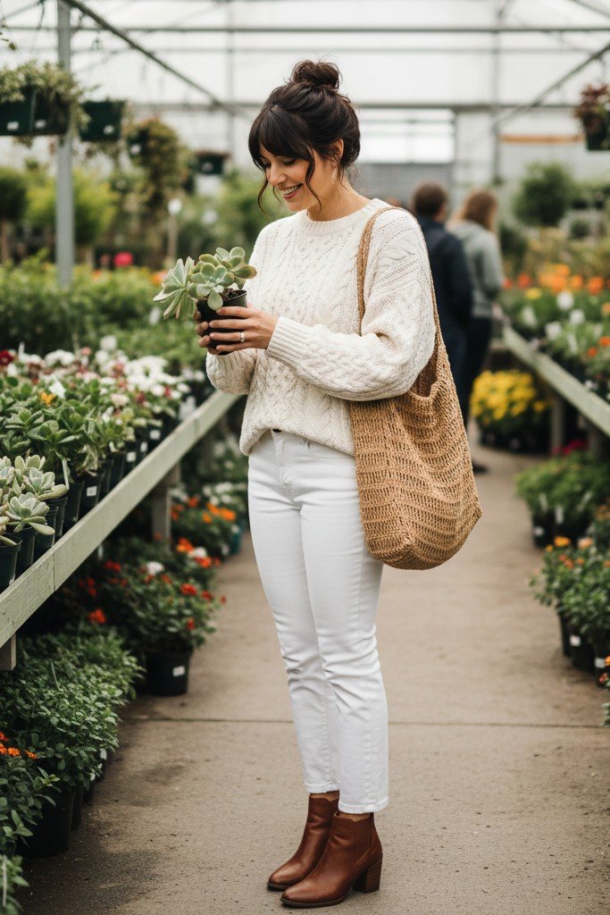 Chunky Knit Sweater + White Jeans + Ankle Boots