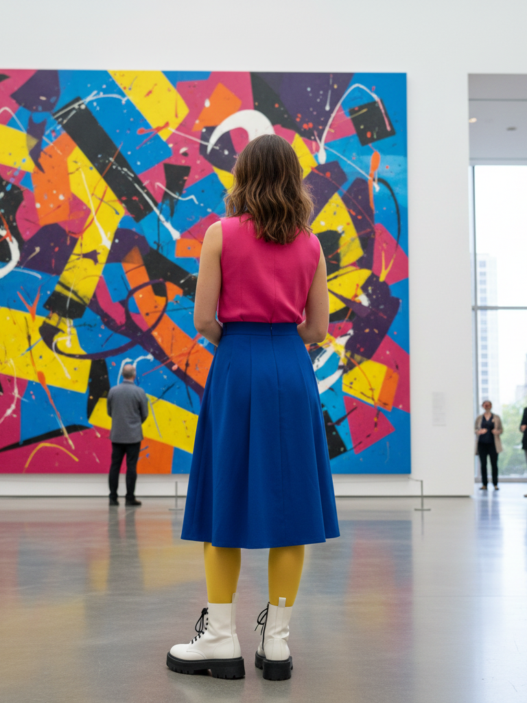 Colorblock Dress + Contrast Tights + Platform Boots