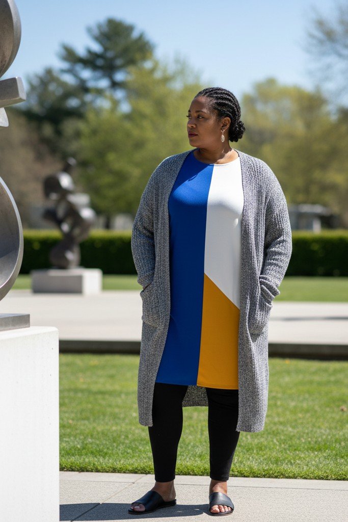 Colorblock Tunic + Leggings + Long Cardigan + Slide Sandals