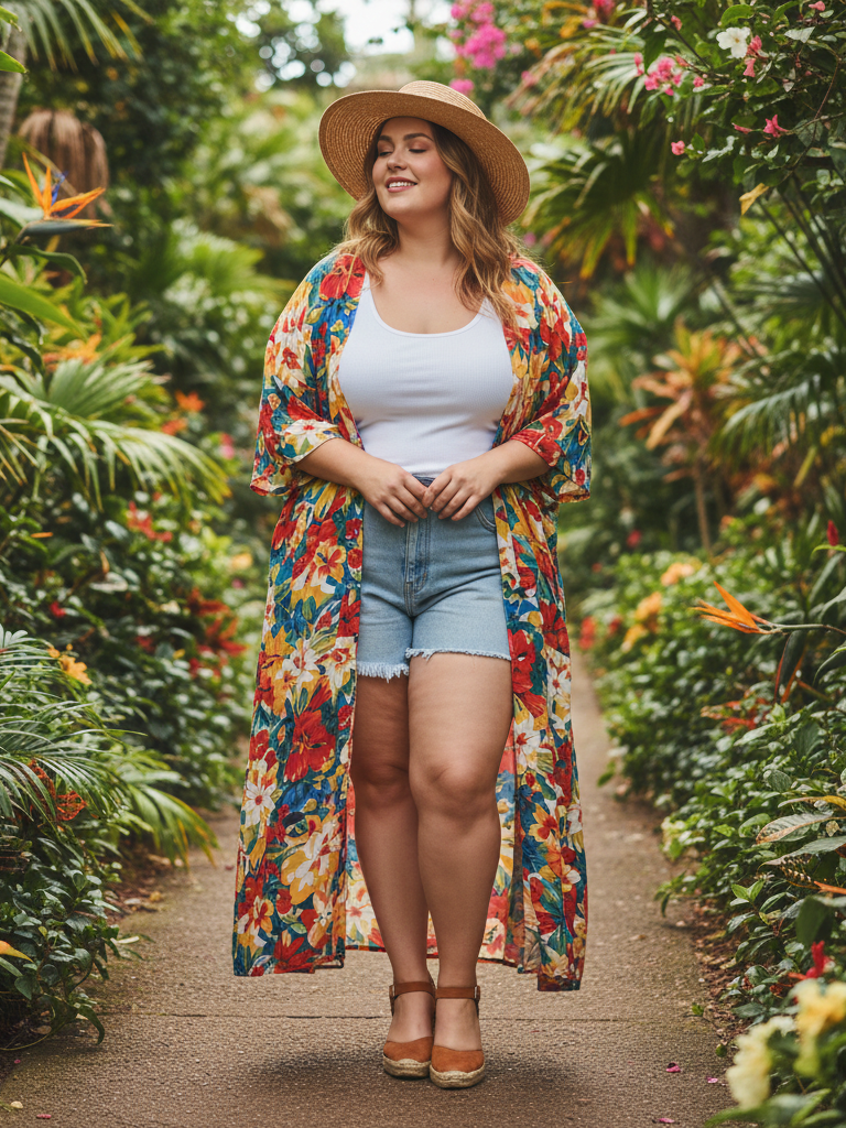 Colorful Kimono + Tank Top + Shorts + Espadrilles