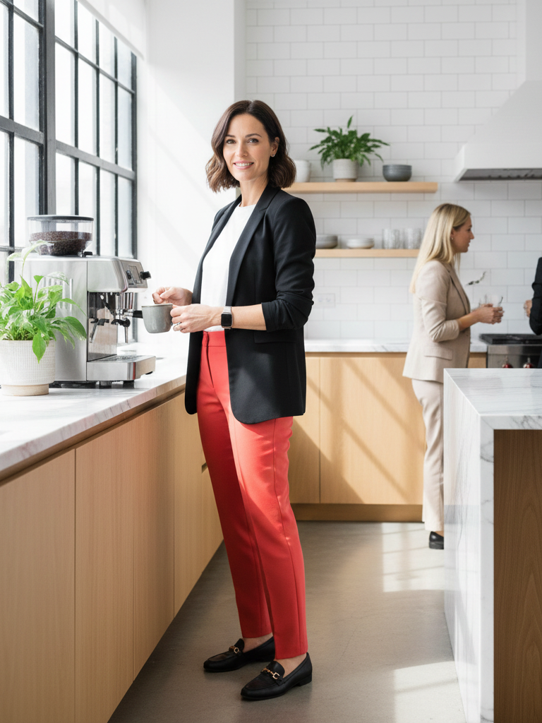 Colourful Trousers + Neutral Top + Classic Blazer