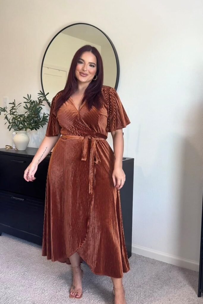Copper Pleated Velvet Wrap Dress + Nude Two-Strap Sandals + Gold Hoop Earrings