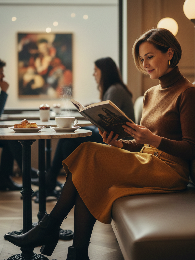 Corduroy A-Line Skirt + Turtleneck Sweater + Tights + Ankle Boots