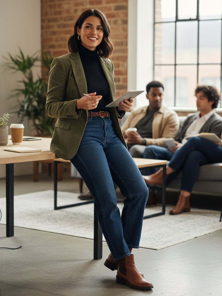 Corduroy Blazer + Roll-Neck + Denim (Dark Wash) + Boots