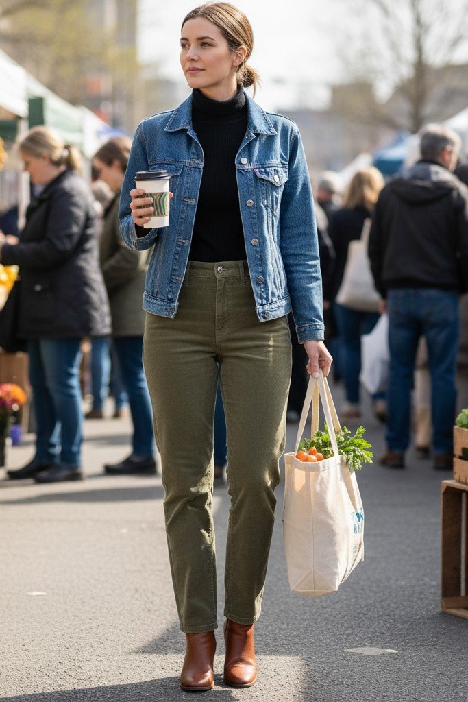 Corduroy Pants + Turtleneck + Denim Jacket + Ankle Boots