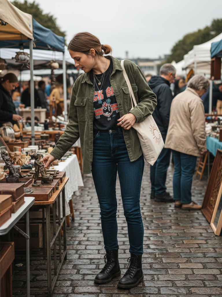 Corduroy Shacket + Graphic Tee + Dark Jeans + Combat Boots
