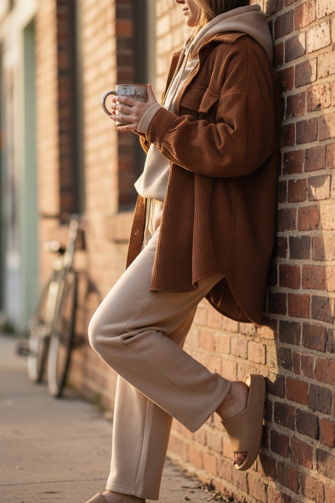 Corduroy Shacket + Neutral Sweatsuit + Platform Slides