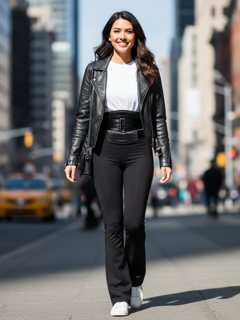 Corset Belt + White Tee + Flare Leggings + Leather Jacket