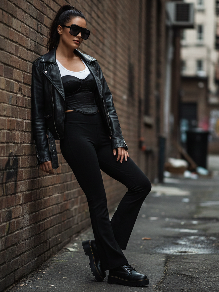 Corset Top + Flare Leggings + Leather Jacket