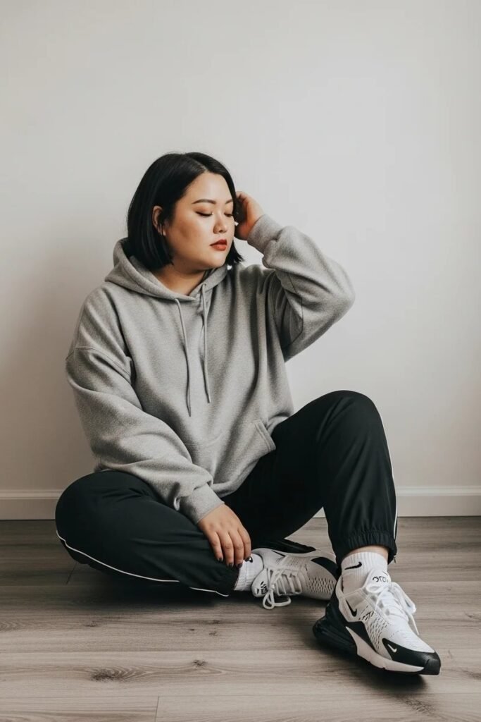 Cozy Grey Hoodie + Black Side-Stripe Track Pants + White Athletic Sneakers