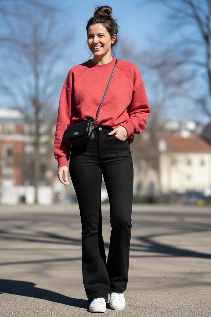 Cozy Red Sweatshirt + Black Flared Jeans + White Sneakers