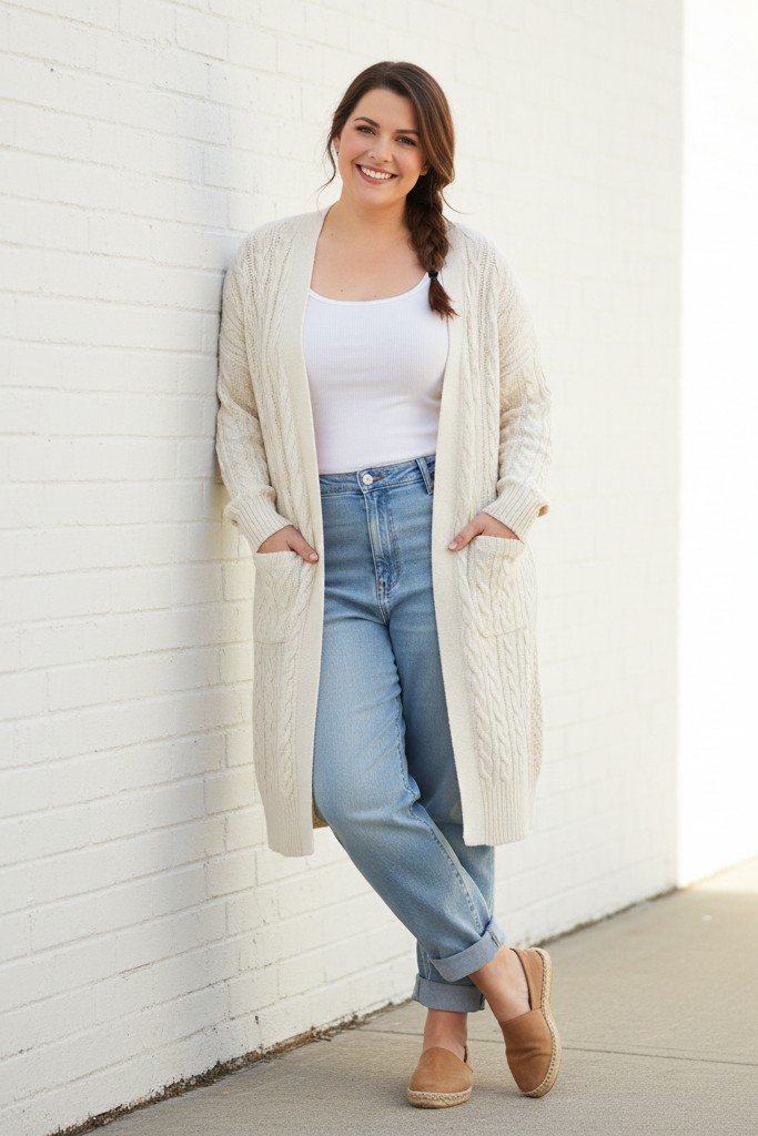 Cream Cable Knit Cardigan + White Tank + Light Wash Boyfriend Jeans + Espadrilles
