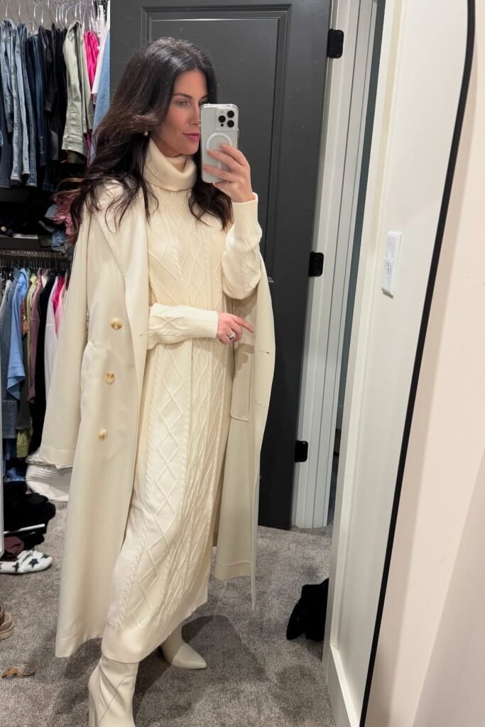 Cream Cable Knit Maxi Dress + Cream Trench Coat + Cream Pointed Boots