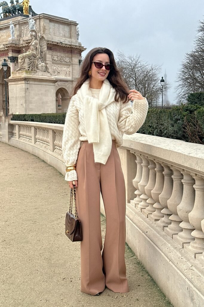 Cream Cable-Knit Sweater + Cream Shoulder Scarf + Camel Wide-Leg Trousers
