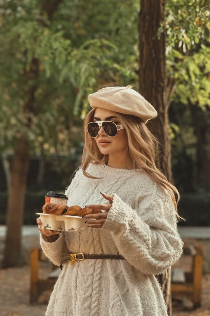 Cream Cable Knit Sweater Dress + Gold Buckle Belt + Beige Beret + Aviator Sunglasses