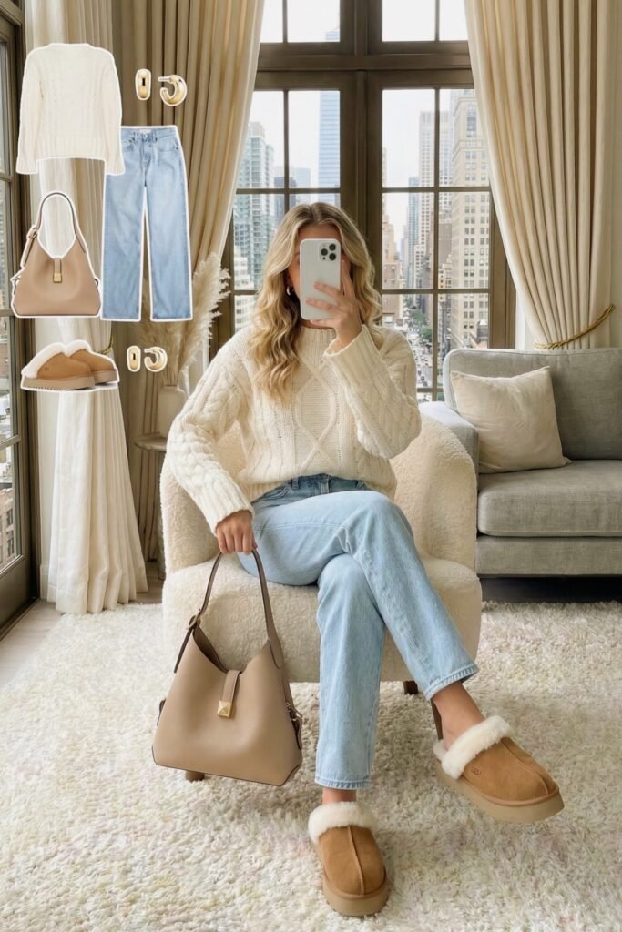 Cream Cable Knit Sweater + Light Wash Blue Jeans + Tan Shearling Mules