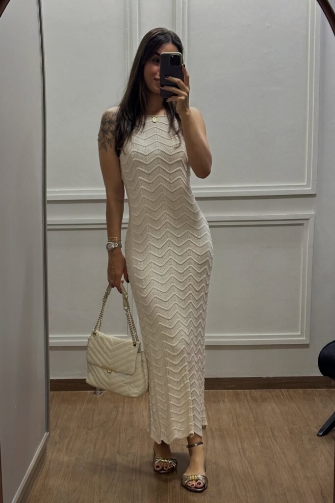 Cream Chevron Knit Sleeveless Maxi Dress + Gold Strappy Sandals + Cream Quilted Chain Bag