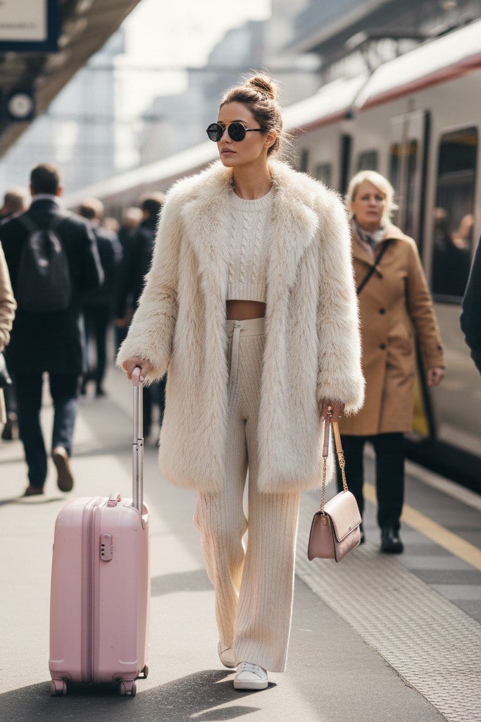 Cream Faux Fur Coat + Cable Knit Crop Top + Matching Knit Trousers + Pink Suitcase