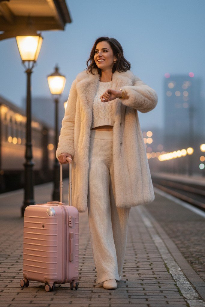 Cream Faux Fur Coat + Cable Knit Crop Top + Matching Knit Trousers + Pink Suitcase