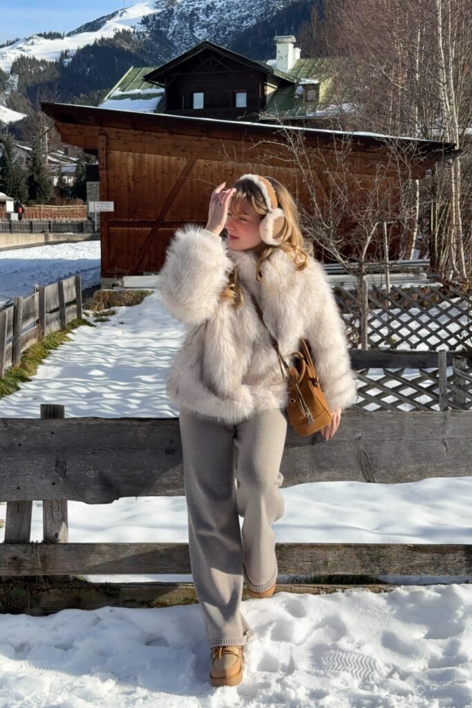 Cream Faux Fur Jacket + Greige Knit Wide-Leg Trousers + Tan Platform Boots