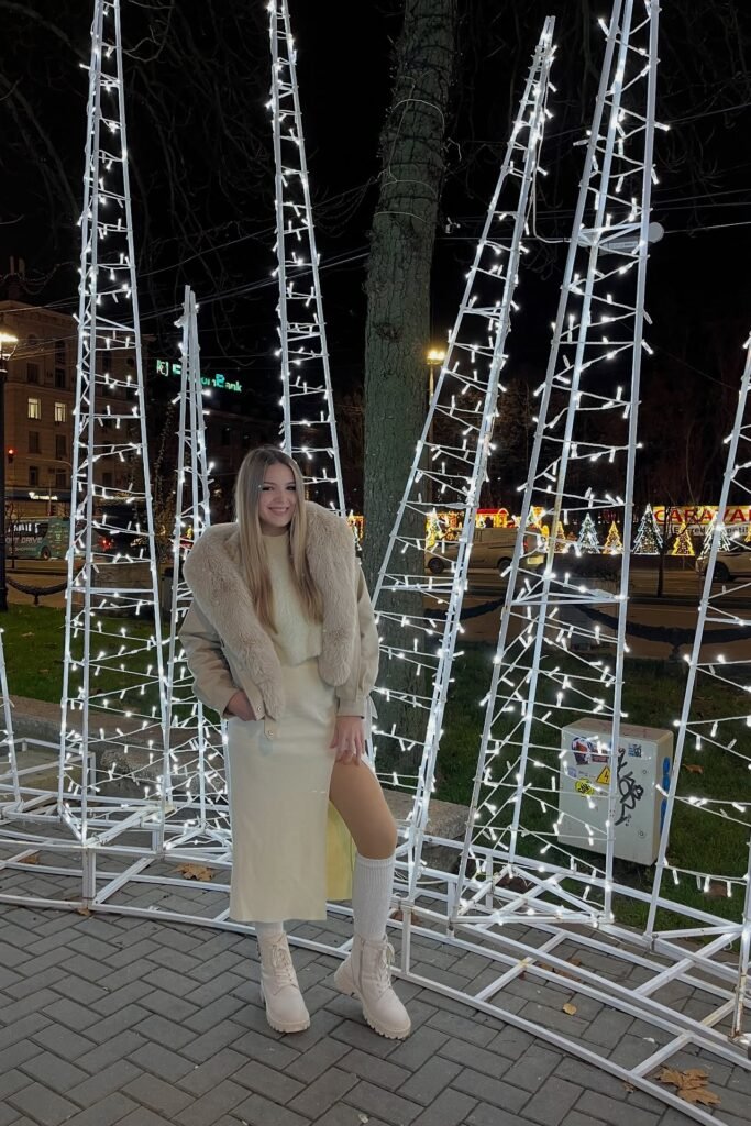 Cream Fur-Trim Jacket + Cream Midi Skirt + Beige Combat Boots