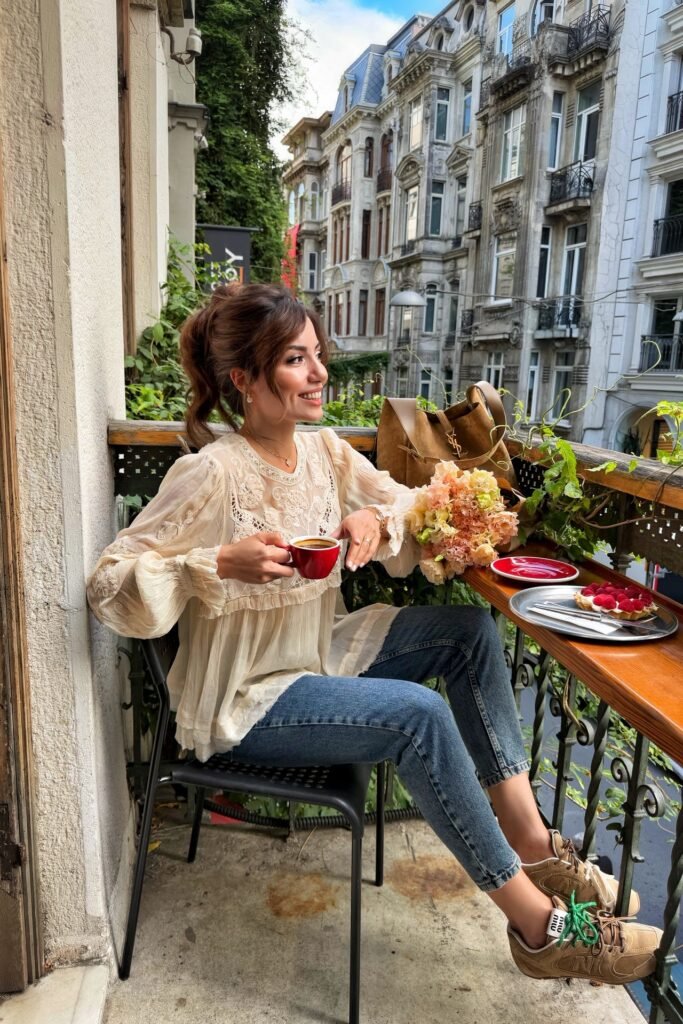 Cream Lace Blouse + Straight Leg Blue Jeans + Tan Sneakers