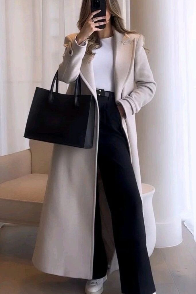 Cream Longline Coat + White T-Shirt + Black Wide-Leg Trousers + White Sneakers 